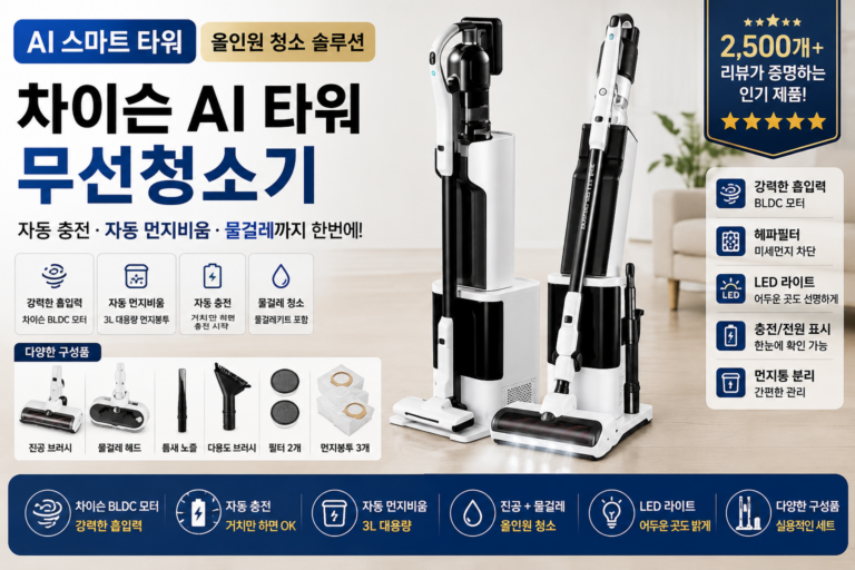 자동먼지비움 무선청소기 추천 차이슨 AI TOWER 자동충전 물걸레 겸용 강력흡입 원룸 자취 신혼집 집들이 선물 가성비 청소기